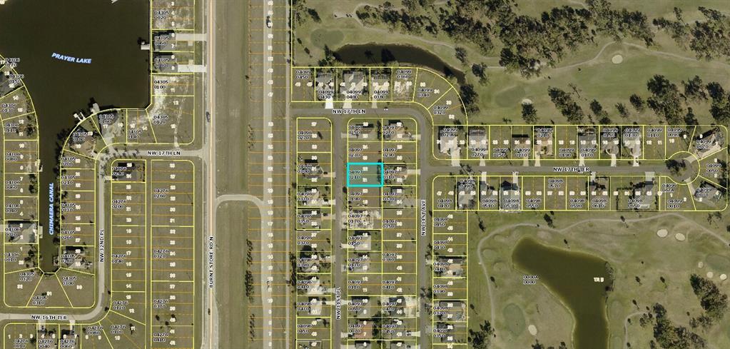 This is an aerial map showing residential lots, streets, and a golf course — 1641 NW 31ST PLACE, CAPE CORAL, FL