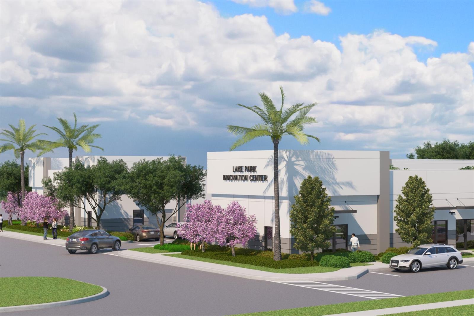This is a digital rendering of the Lake Park Innovation Center exterior with palm trees — 230 N Congress Avenue, Lake Park FL 33403, LAKE PARK, FL