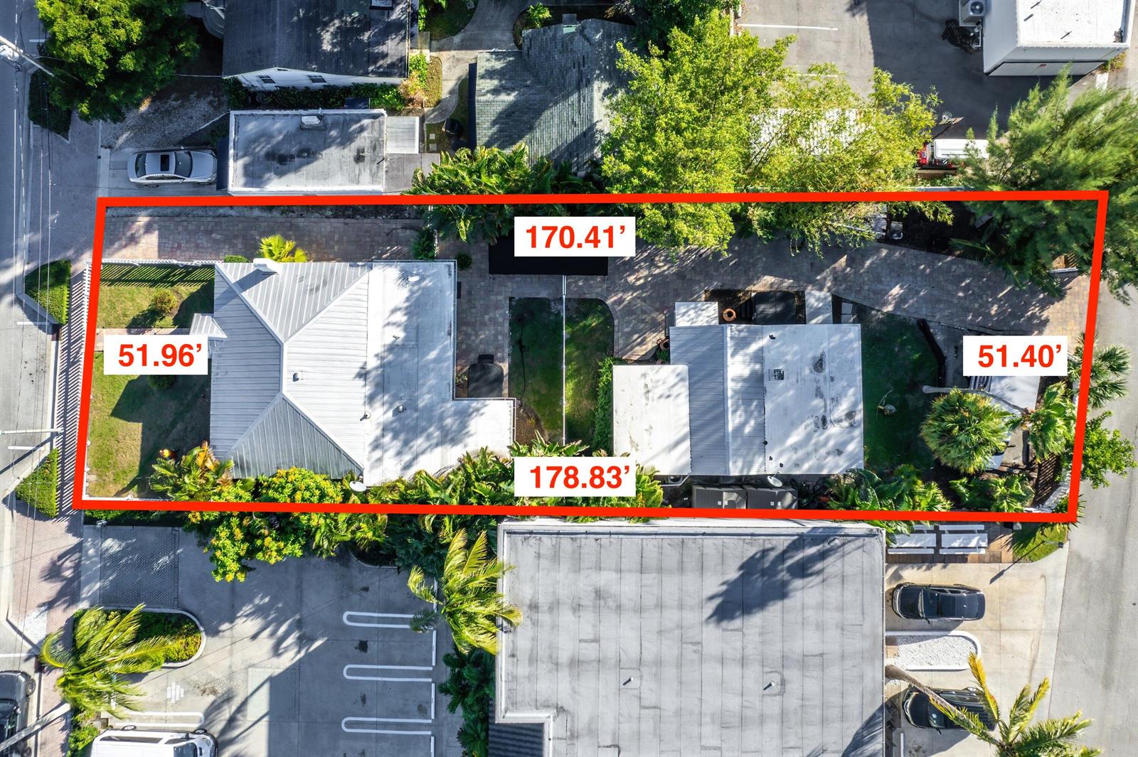 This aerial view shows a residential property lot outlined in red with two buildings — 126 NE 4th Avenue, Delray Beach FL 33483, DELRAY BEACH, FL