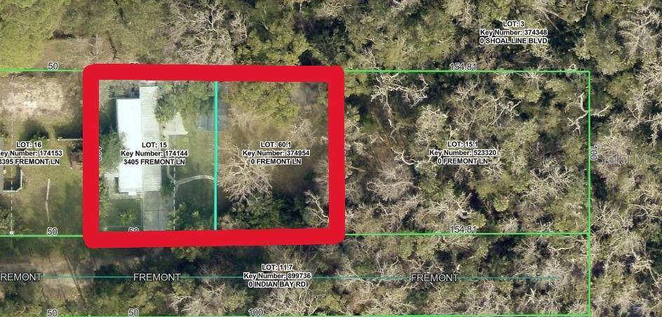 This is an aerial map showing two adjacent residential lots outlined in red — 3405 FREMONT LANE, SPRING HILL, FL