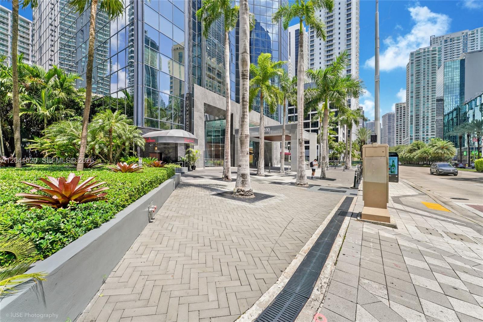 A paved walkway leads to the entrance of a modern glass skyscraper with palm trees — 1200 Brickell Ave # D, Miami FL 33131, MIAMI, FL