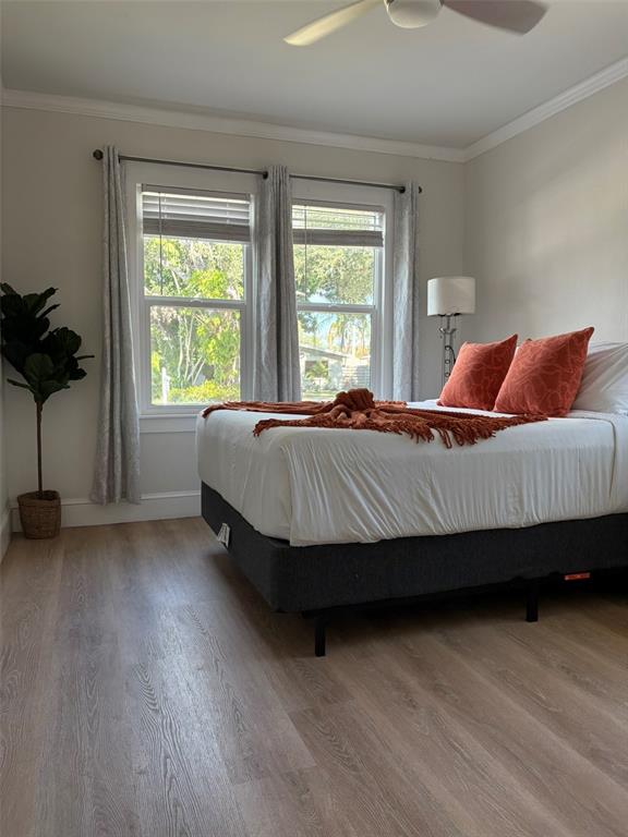 A bedroom features light wood flooring, a bed with orange pillows, and two windows — 2570 LOMA LINDA STREET, SARASOTA, FL