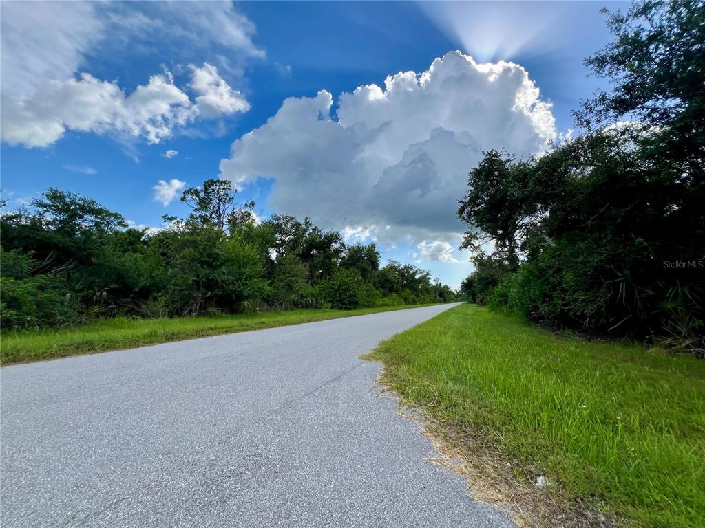 A paved road stretches into the distance between dense green trees under a cloudy sky — 2399 DRENNON STREET, PORT CHARLOTTE, FL
