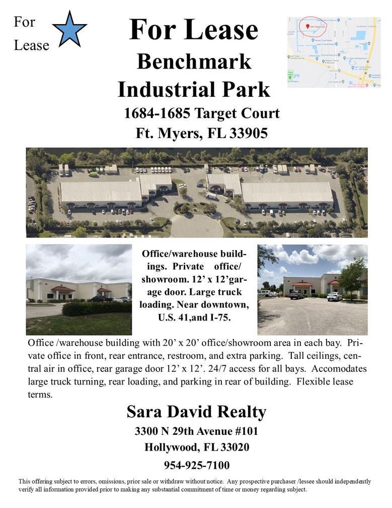 An aerial view and ground-level photos show industrial warehouse buildings with parking and loading bays — 1685 Target Court, FL 33905, FL