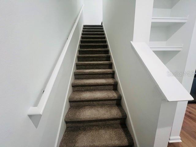 A carpeted staircase with white walls and a white handrail leads to an upper level — 11525 STRAITS WAY, ORLANDO, FL