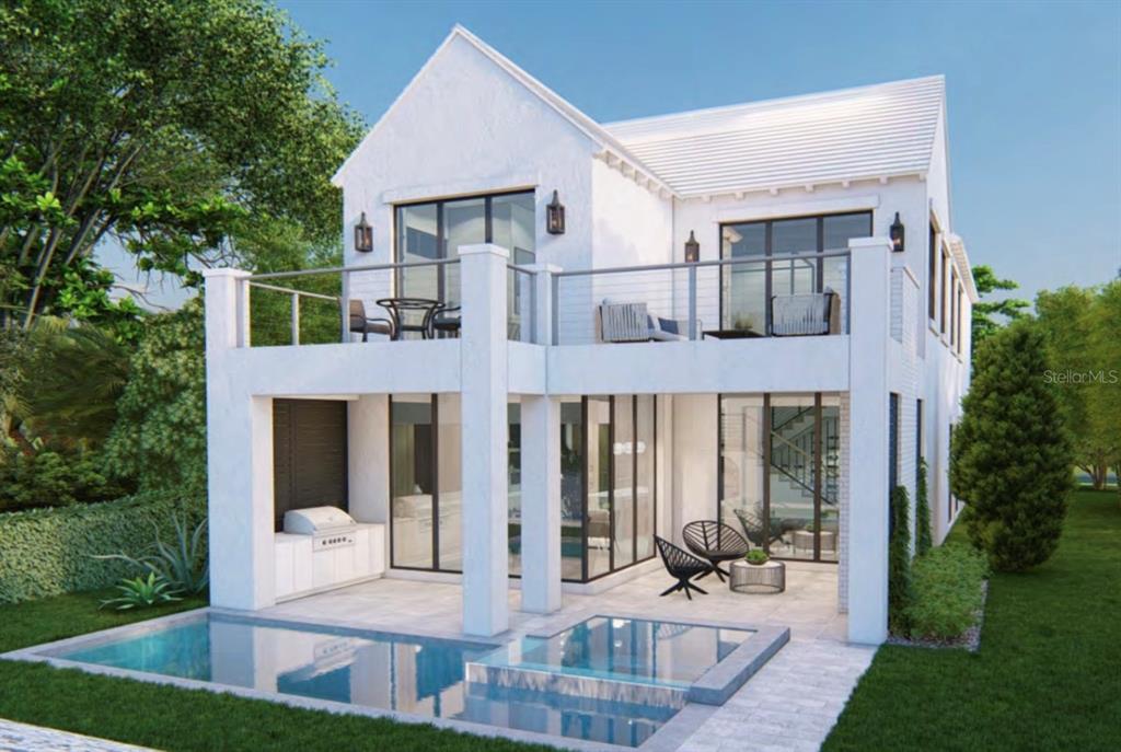 This architectural rendering shows the exterior of a white two-story house with a pool — 276 YACHT HARBOR DRIVE, PALM COAST, FL