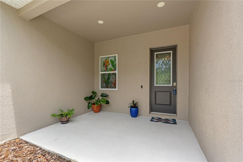 A covered concrete porch features a gray front door, a window, and three potted plants — 11153 WOOD OWL AVENUE, WEEKI WACHEE, FL
