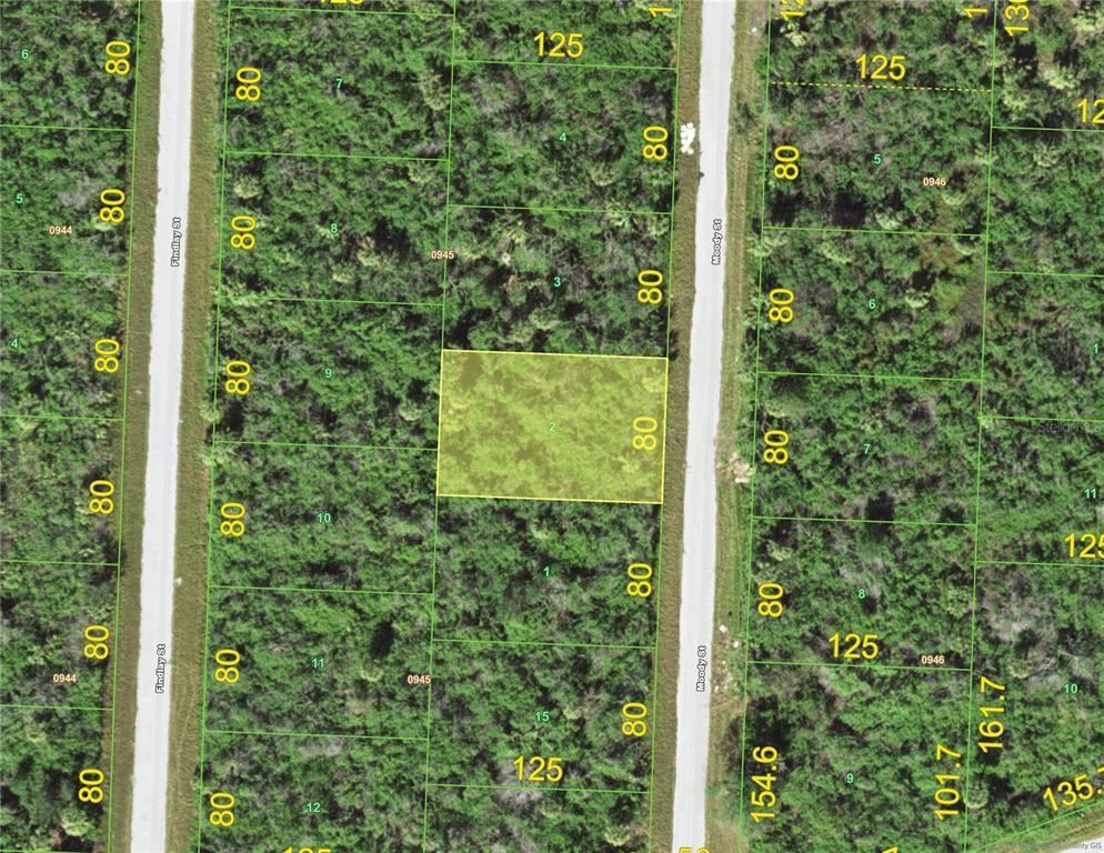 This is a satellite map showing a highlighted rectangular land parcel between two roads — 341 MOODY STREET, PORT CHARLOTTE, FL