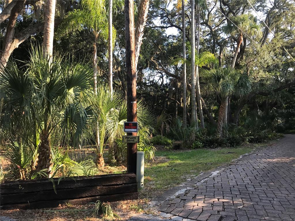 A paved driveway leads toward a wooded area with a utility pole and signage — 4407 S SHADE AVENUE, SARASOTA, FL