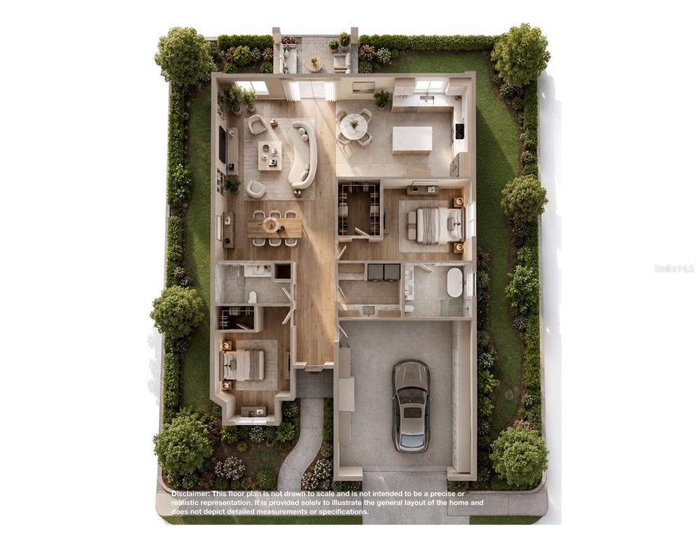 This is a 3D floor plan rendering of a single-story home with a two-car garage — 4834 INDEPENDENCE TRAIL, LEESBURG, FL