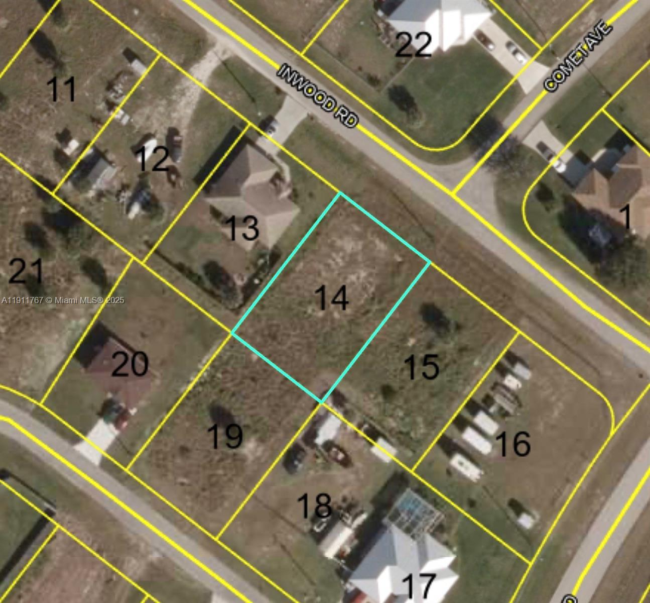 This is an aerial map showing a vacant lot highlighted in blue among residential properties — 1992 inwood rd, Other City - In The State Of Florida FL 33935, OTHER CITY - IN THE STATE OF FLORIDA, FL