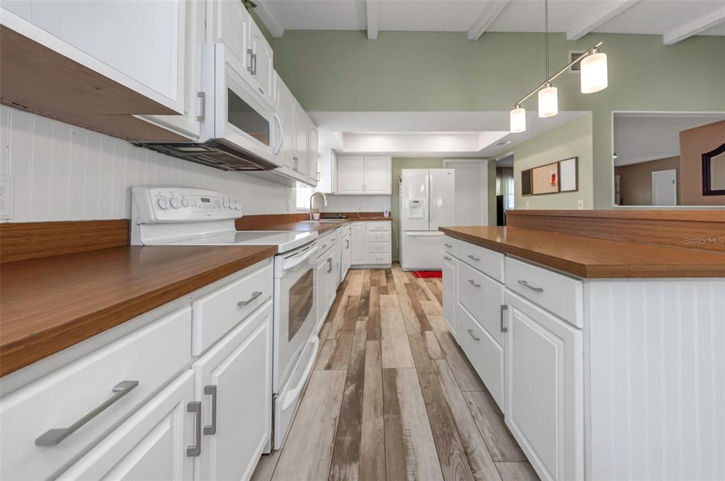 A kitchen features white cabinets, wood-look countertops, stainless steel appliances, and wood-plank flooring — 17704 RIVENDEL ROAD, LUTZ, FL