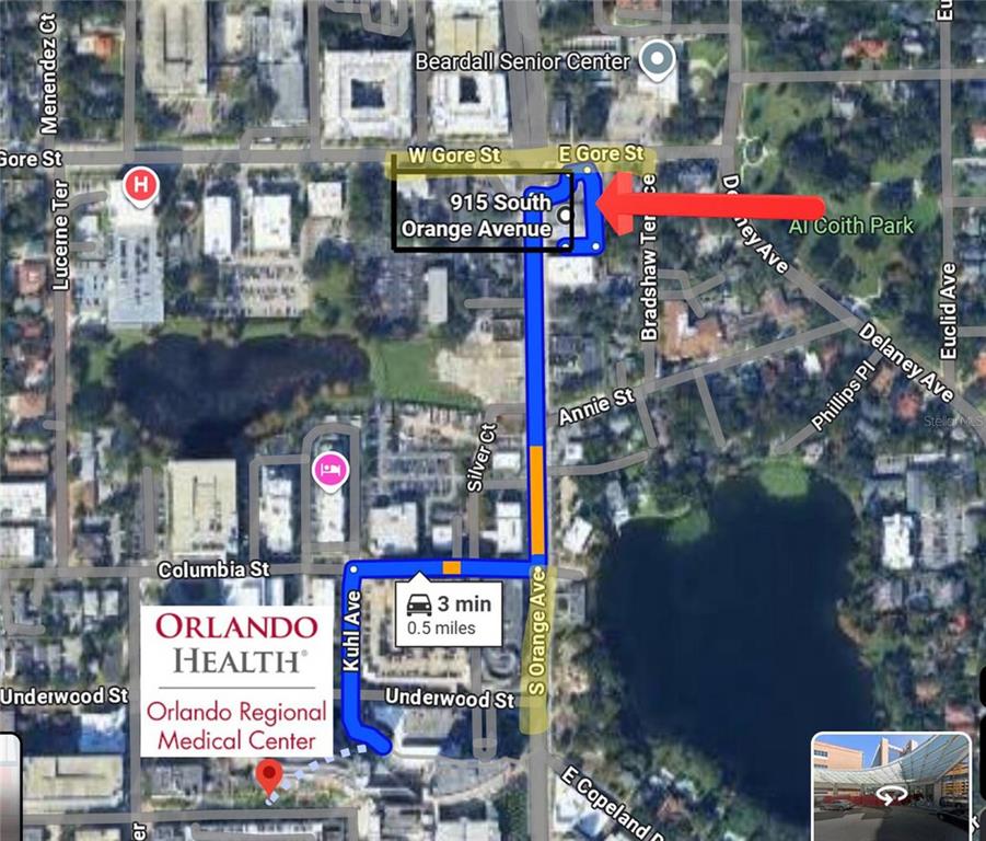 This is a map showing a driving route between two locations in Orlando, Florida — 915 S ORANGE AVENUE, ORLANDO, FL