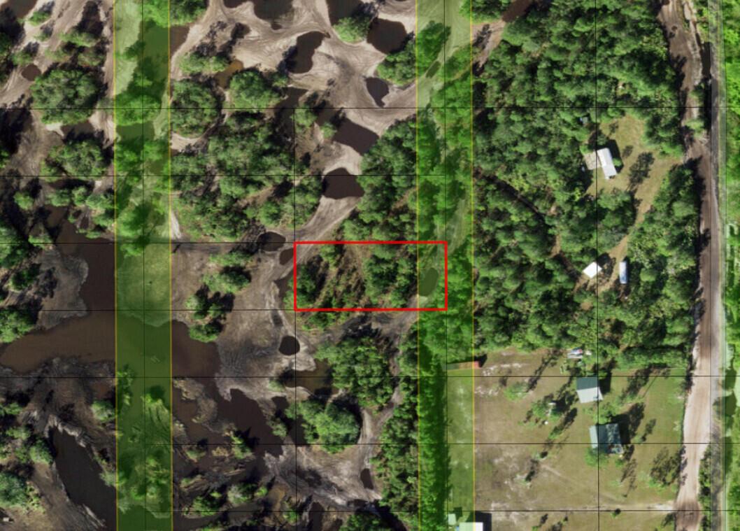 An aerial map view showing a rectangular red-outlined plot of land with wooded areas — 0 Holopaw Groves Road, FL 34772, FL