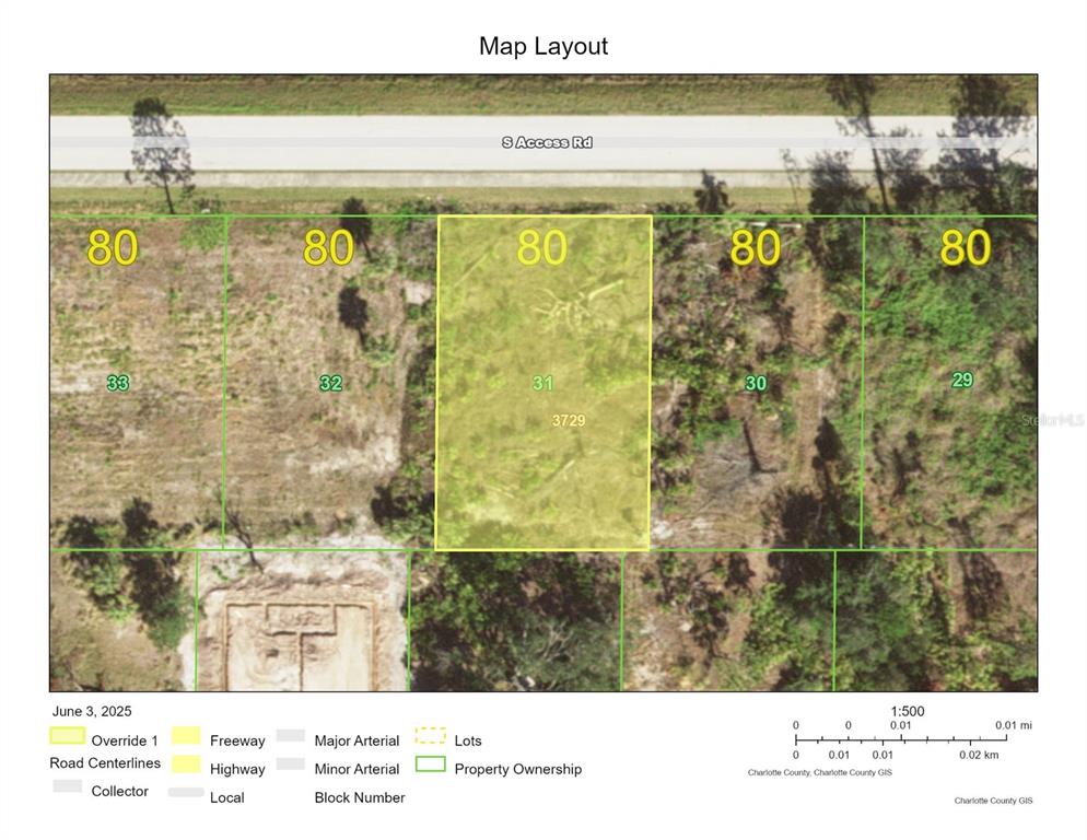 This is a map layout showing a row of five adjacent residential lots — 4451 S ACCESS ROAD, ENGLEWOOD, FL