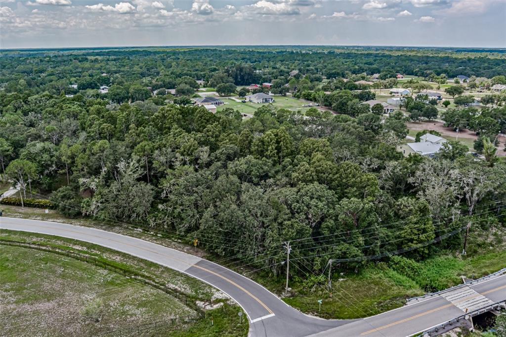 An aerial view shows a wooded lot bordered by a curved road and a bridge — 401 INDIAN MEADOW COURT, WIMAUMA, FL