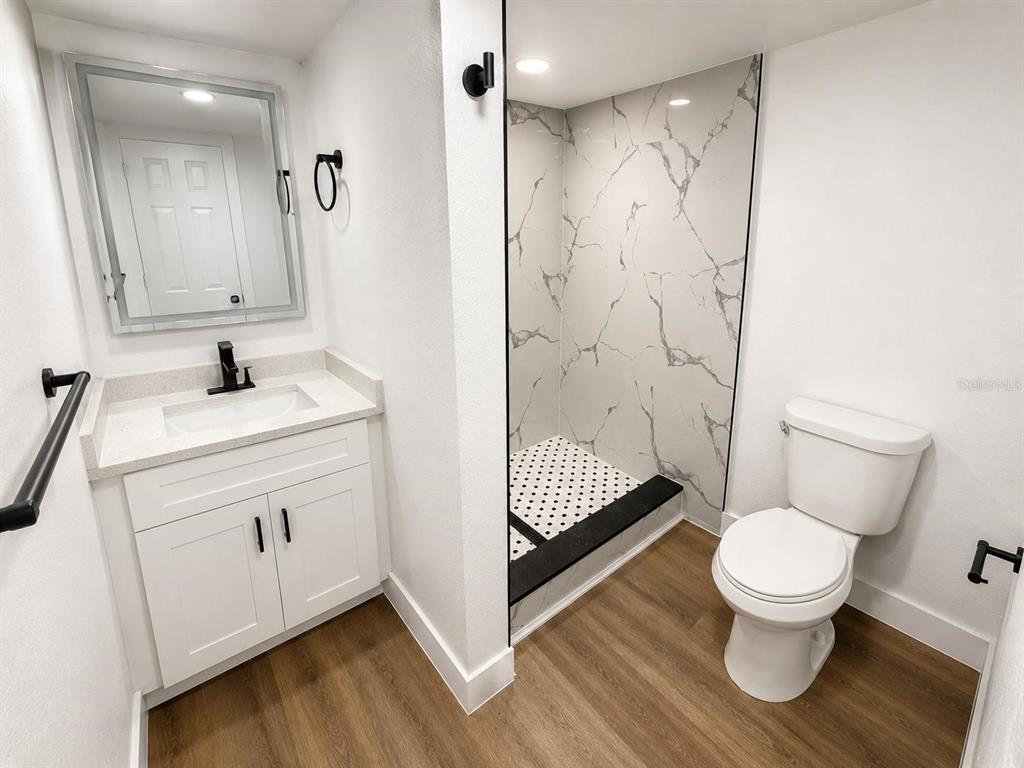 A bathroom features a white vanity, a walk-in shower with marble-look walls, and a toilet — 7211 JAMES STREET, PORT RICHEY, FL