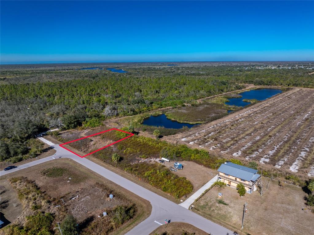An aerial view shows a vacant, rectangular lot outlined in red next to a paved road — 29012 BOYCE ROAD, PUNTA GORDA, FL