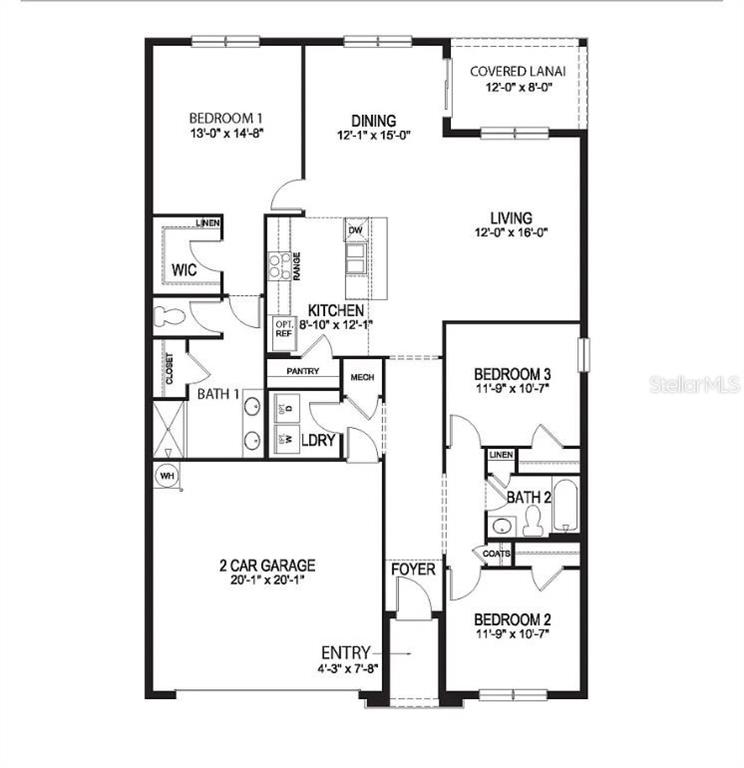 This floor plan shows a three-bedroom home with a two-car garage and a covered lanai — 2635 NEVERLAND DRIVE, NEW SMYRNA BEACH, FL