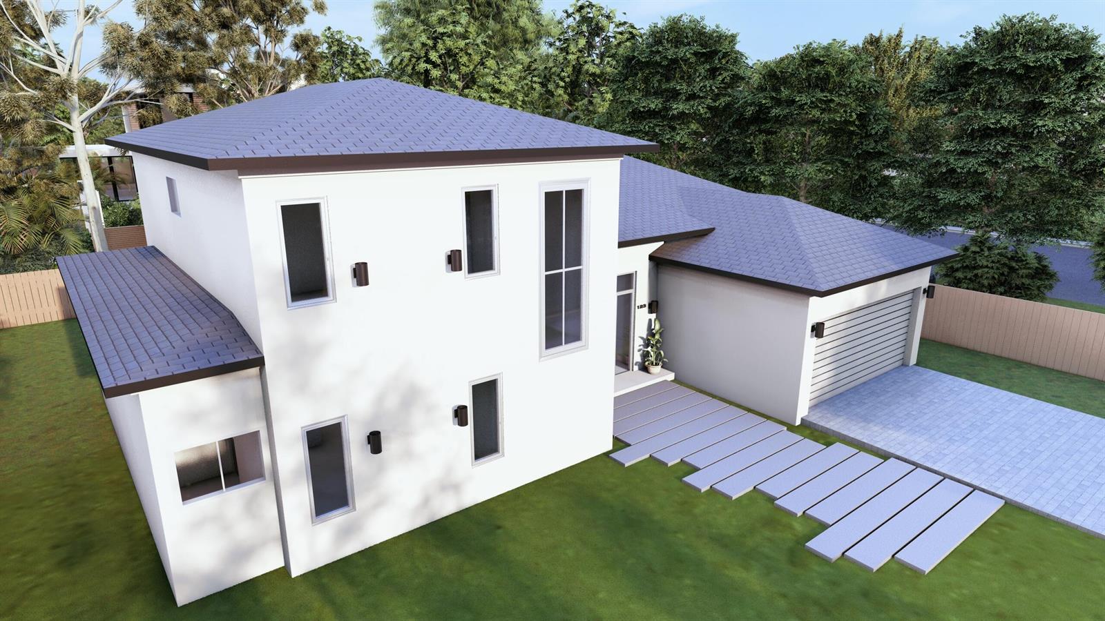 This is a 3D architectural rendering of a modern two-story house with a side-entry garage — 1963 Bonnie Street, Boca Raton FL 33486, BOCA RATON, FL