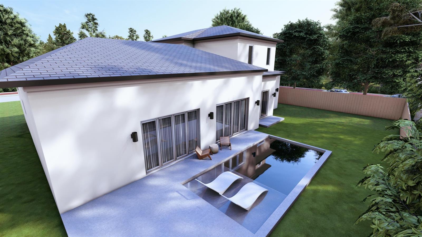 This is a 3D architectural rendering of a modern house exterior with a backyard pool — 1963 Bonnie Street, Boca Raton FL 33486, BOCA RATON, FL