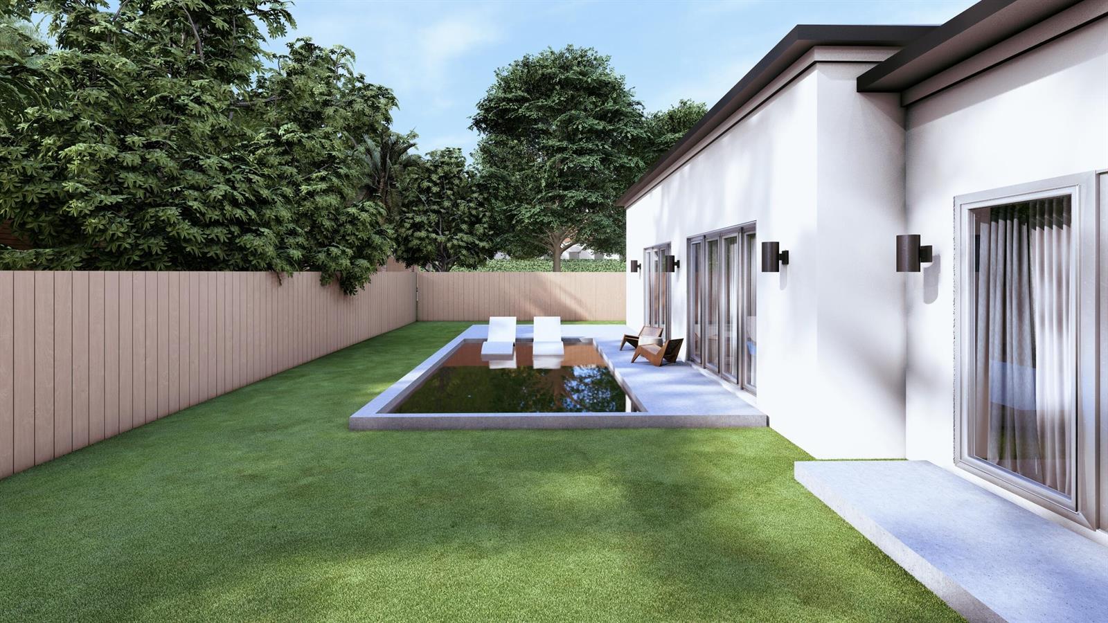 This is a 3D rendering of a modern house exterior featuring a pool and lawn — 1963 Bonnie Street, Boca Raton FL 33486, BOCA RATON, FL