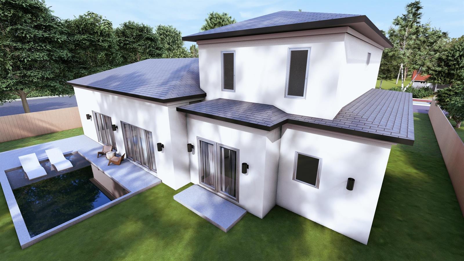 A 3D rendering of a modern two-story white house with a pool and patio — 1963 Bonnie Street, Boca Raton FL 33486, BOCA RATON, FL