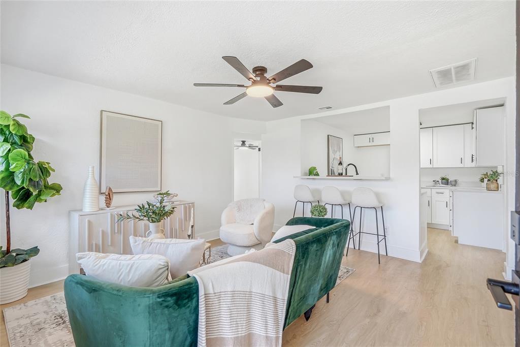 A living room features a green velvet sofa, white furniture, and an open kitchen pass-through — 2110 E NEDRO ROAD, TAMPA, FL