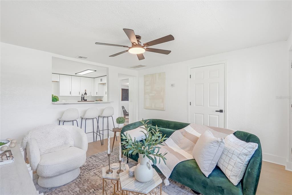 A living room features a green velvet sofa, a white armchair, and a ceiling fan — 2110 E NEDRO ROAD, TAMPA, FL