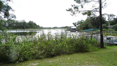 A view of a lake with a small dock and a pontoon boat — 9444 LAKE HICKORY NUT DRIVE, WINTER GARDEN, FL