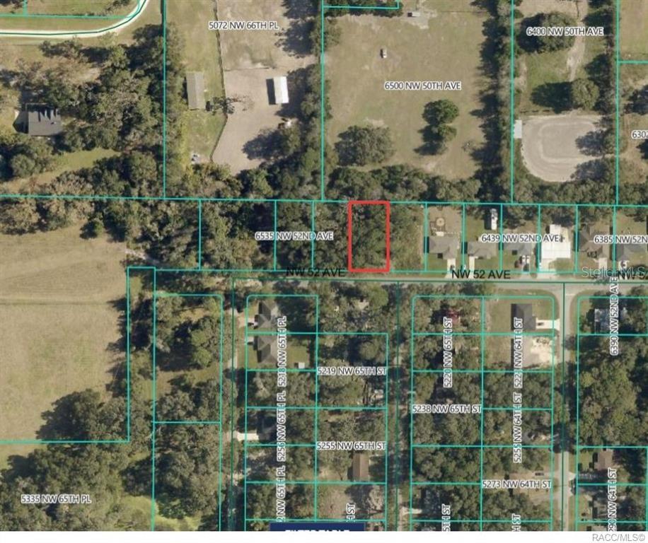An aerial map shows a rectangular vacant lot outlined in red along a residential street — 00 NW 52ND AVENUE Lot 6, OCALA, FL