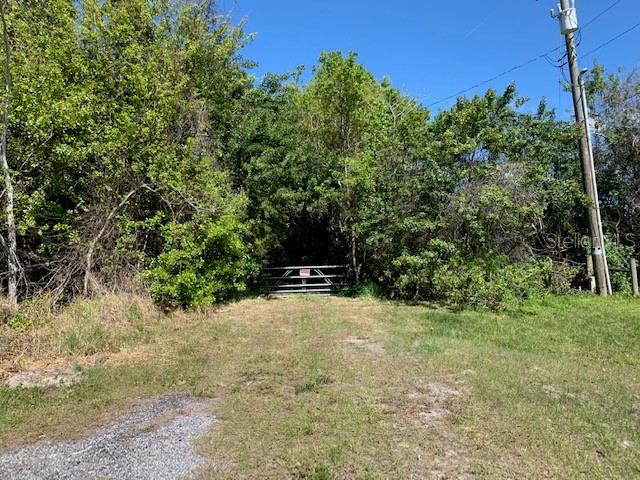 A metal gate stands at the entrance of a wooded path under a clear sky — 1290 CINDER LANE, KISSIMMEE, FL
