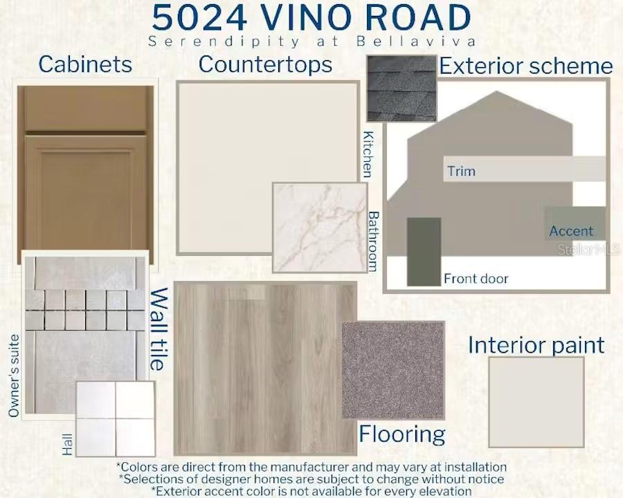 This design board displays material and color samples for a home's interior and exterior finishes — 5024 VINO ROAD, AUBURNDALE, FL