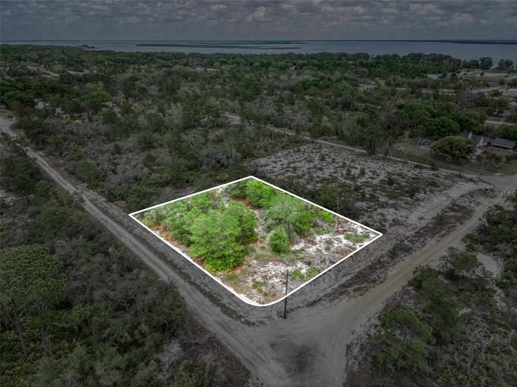 An aerial view shows a rectangular plot of land outlined in white near a body of water — 143 PATTON AVENUE, LAKE PLACID, FL