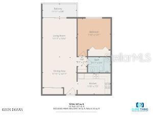 This is a floor plan for a one-bedroom apartment with a balcony, kitchen, and bathroom — 2711 N HALIFAX AVENUE UNIT 370, DAYTONA BEACH, FL