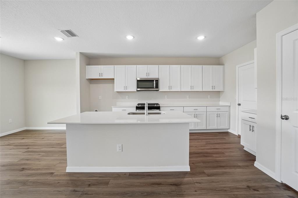 A kitchen with white cabinets, a central island, and wood-look flooring — 36564 SAGEMOOR DRIVE, ZEPHYRHILLS, FL