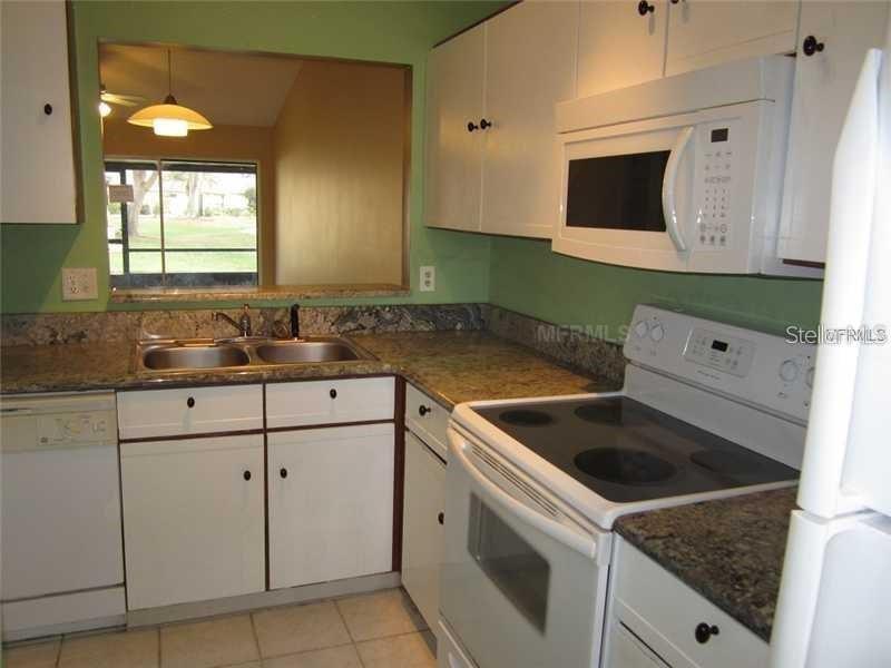 A kitchen features white cabinets, granite countertops, a double sink, and a window pass-through — 13 SILVER PARK CIRCLE, KISSIMMEE, FL