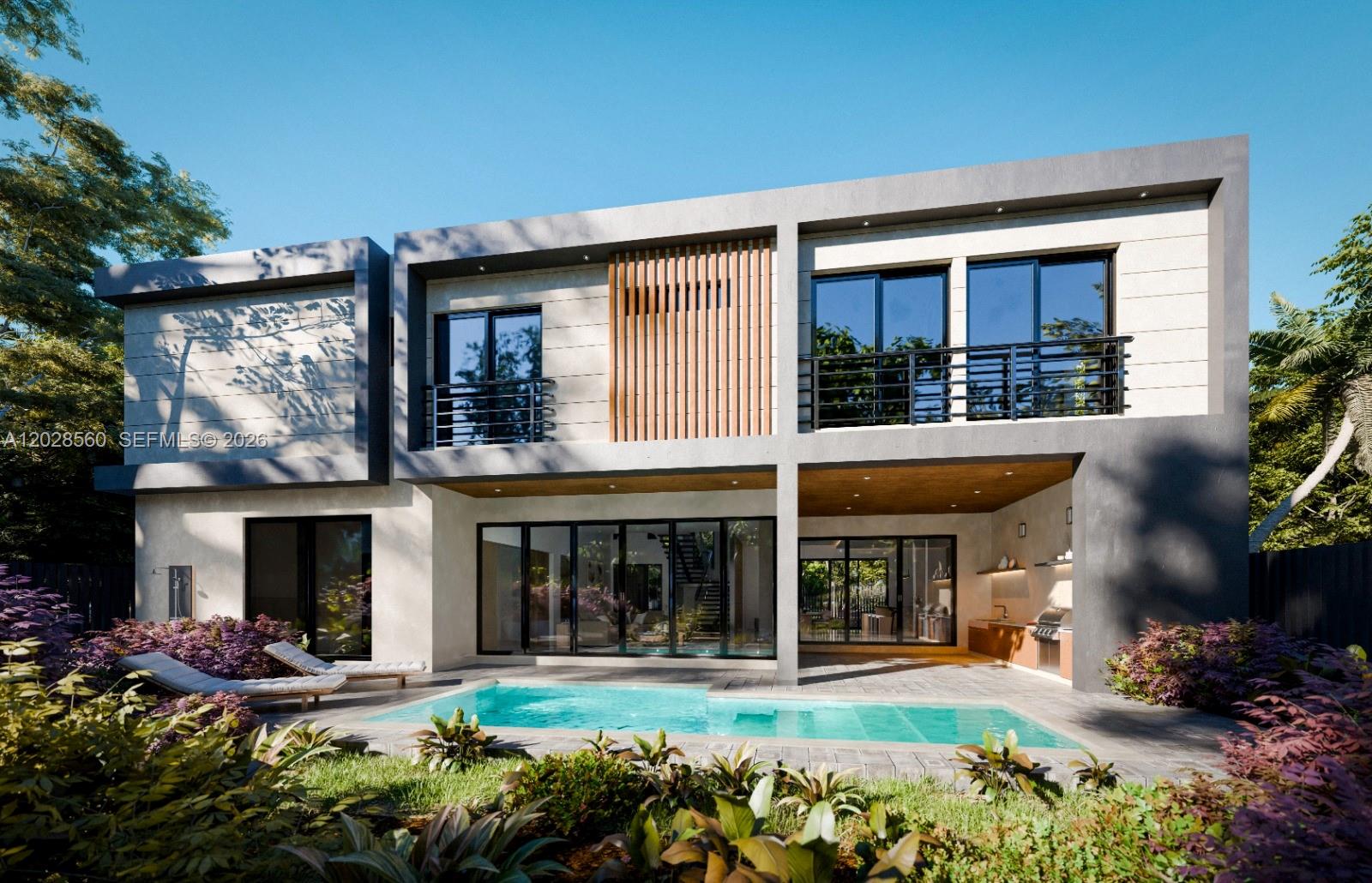 This is a rendering of a modern two-story house with a pool and outdoor kitchen — 428 NE 17th Ave, Fort Lauderdale FL 33301, FORT LAUDERDALE, FL