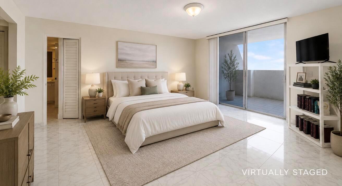 This virtually staged bedroom features a queen bed, marble tile floors, and a private balcony — 2750 NE 183rd Street Ph, Aventura FL 33160, AVENTURA, FL
