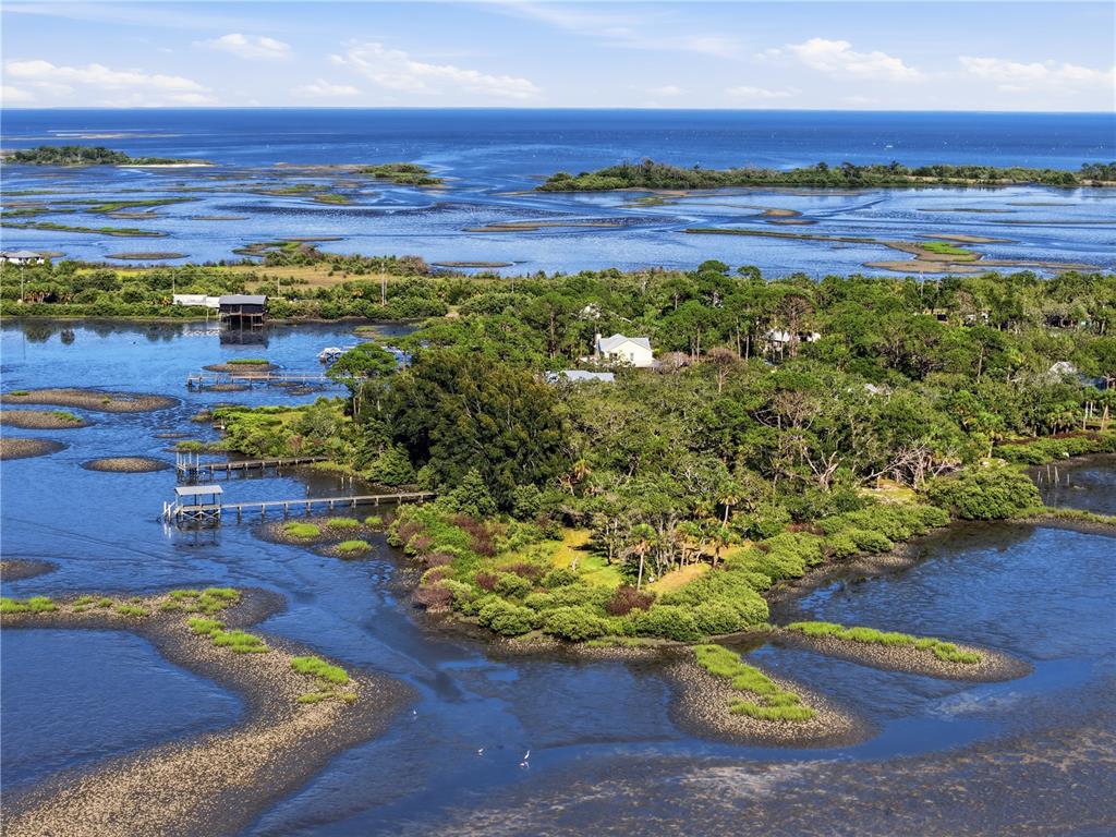 An aerial view of a coastal property featuring a house surrounded by trees and water — 15780 SUNSET POINT DRIVE, CEDAR KEY, FL