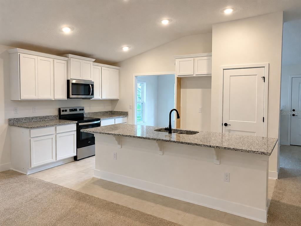 A kitchen features white cabinets, granite countertops, a kitchen island, and stainless steel appliances — 255 VERNY GROVE LANE, LEESBURG, FL