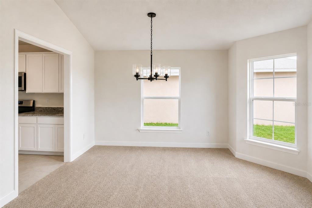 A dining area with beige carpet, a black chandelier, and a view into a kitchen — 255 VERNY GROVE LANE, LEESBURG, FL