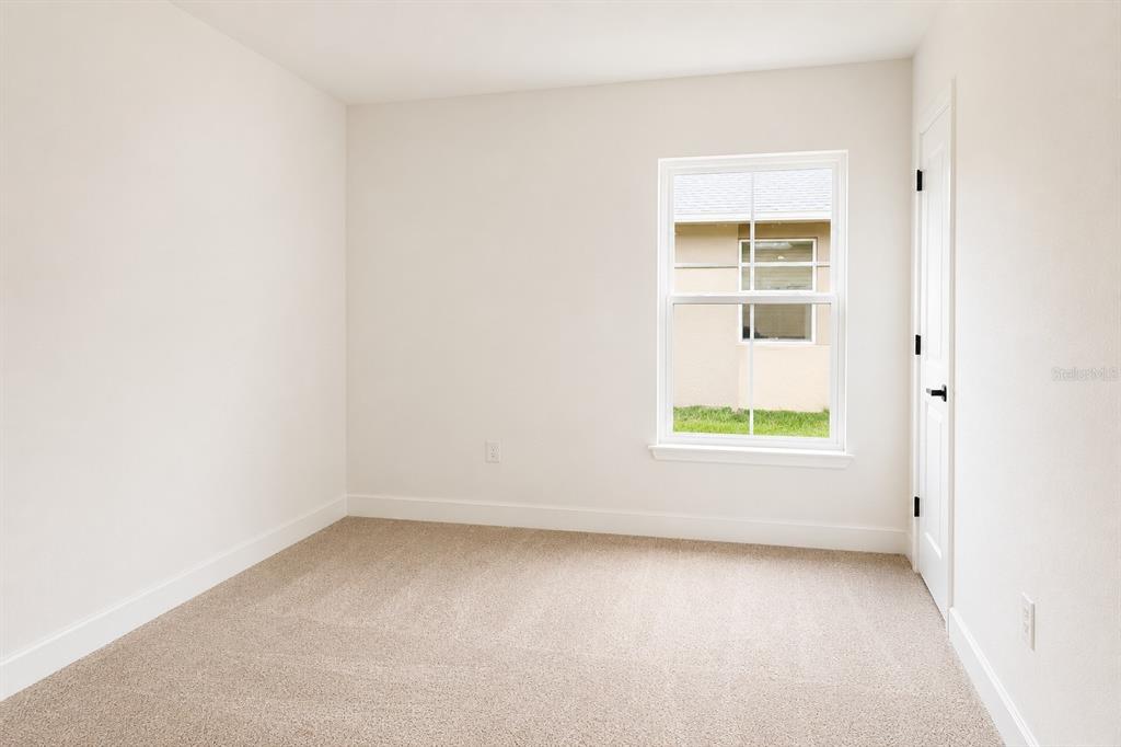 An empty bedroom features beige carpet, white walls, a single window, and a closed door — 255 VERNY GROVE LANE, LEESBURG, FL