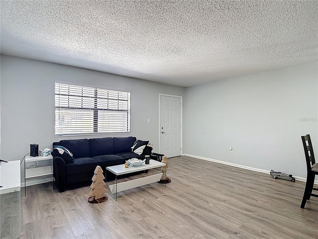 A living room features light gray walls, wood-look flooring, a black sofa, and a white coffee table — 201 PINE VIOLET COURT UNIT 201, TAMPA, FL