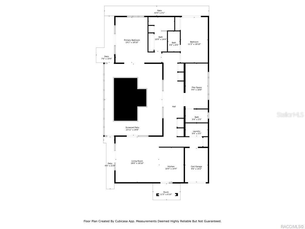 This is a floor plan for a house featuring a primary bedroom, living room, and patios — 1941 NW 17TH STREET, CRYSTAL RIVER, FL