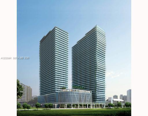 This is a digital rendering of two modern high-rise residential towers connected by a podium — 1111 SW 1st Ave, Miami FL 33130, MIAMI, FL