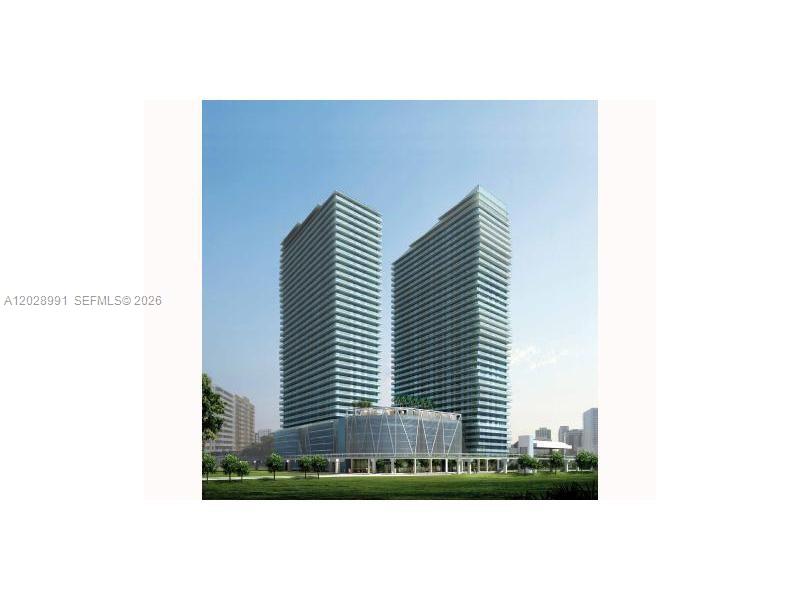 This is a rendering of two modern high-rise residential towers with a shared podium base — 1111 SW 1st Ave, Miami FL 33130, MIAMI, FL