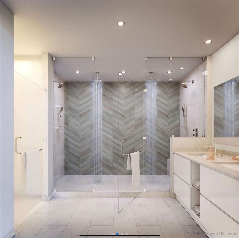 This is a rendering of a modern bathroom featuring a large double-headed glass walk-in shower — 400 CENTRAL AVENUE UNIT 2208, ST PETERSBURG, FL