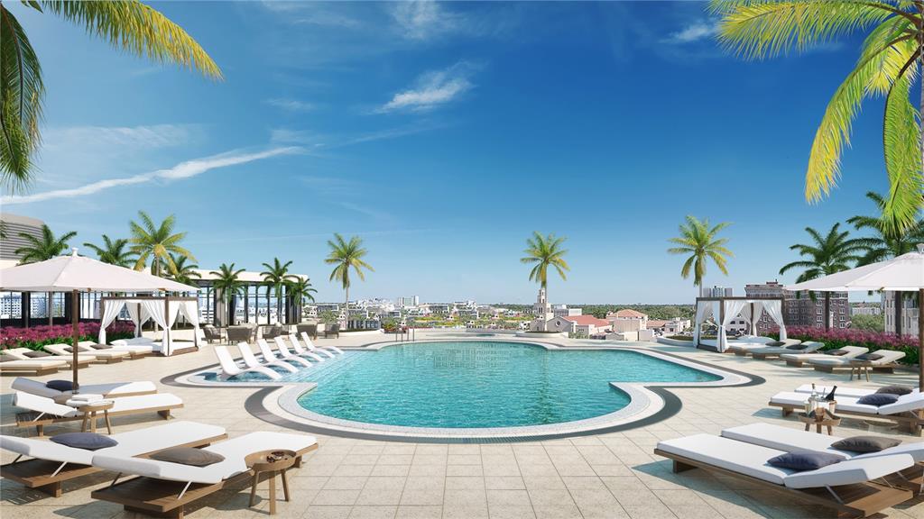 This rendering shows a rooftop swimming pool surrounded by lounge chairs and cabanas — 400 CENTRAL AVENUE UNIT 2208, ST PETERSBURG, FL