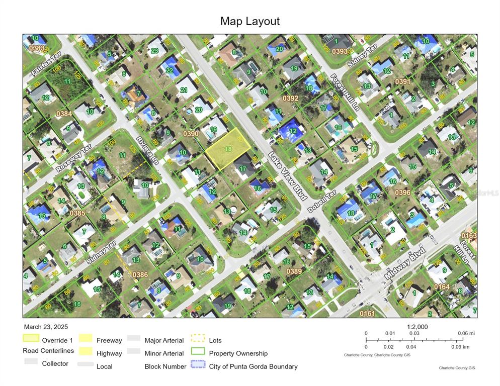 This is a map showing property lots, road centerlines, and block numbers in a neighborhood — 2491 LAKE VIEW BOULEVARD, PORT CHARLOTTE, FL